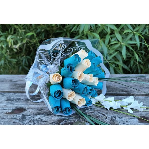 2 Dozen It's A Boy Light Blue and White The Original Wooden Rose Flower Bouquet - Picture 5 of 9